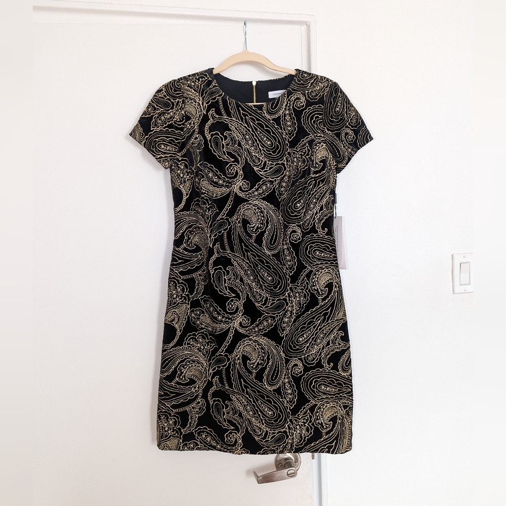 CK Black & Gold Embroidered Velvet Dress